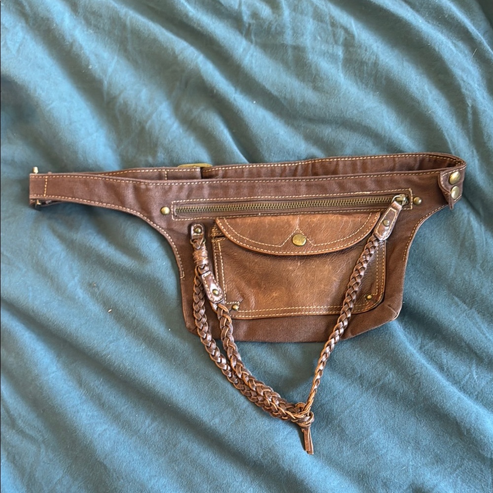 Brown Leather Belt Bag with Chain Detail